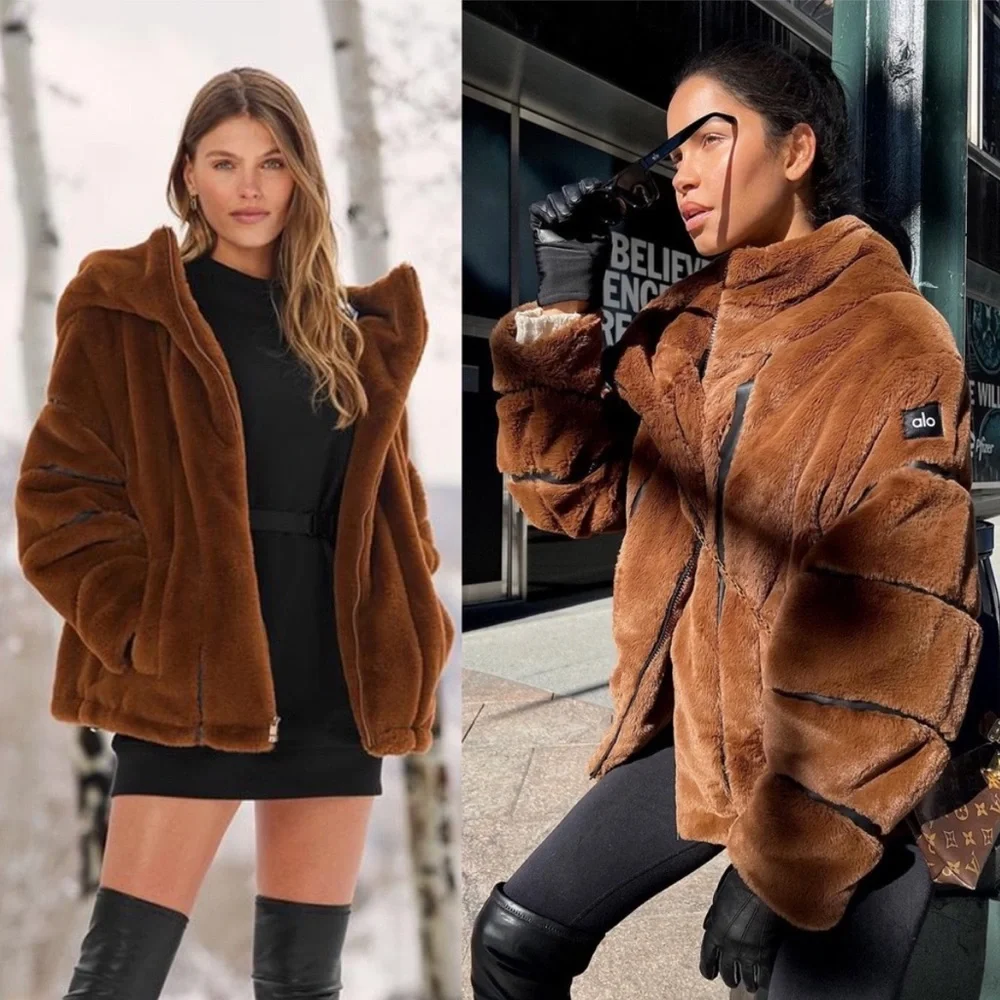 ALO Yoga Knockout Faux Fur Hooded Oversized Coat Jacket Chocolate Brown